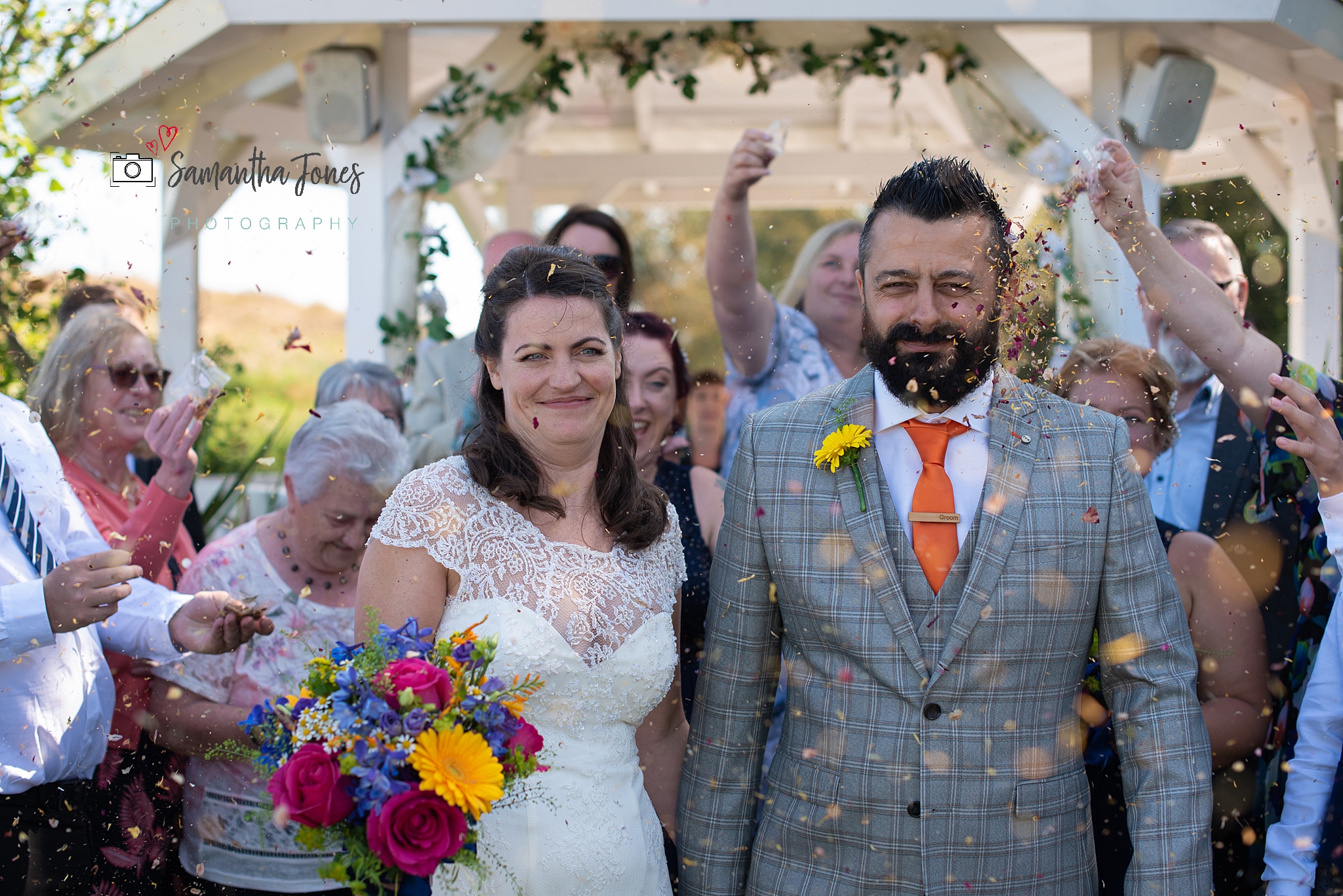 bride and groom confetti Kent wedding at Stonelees by Samantha Jones Photography