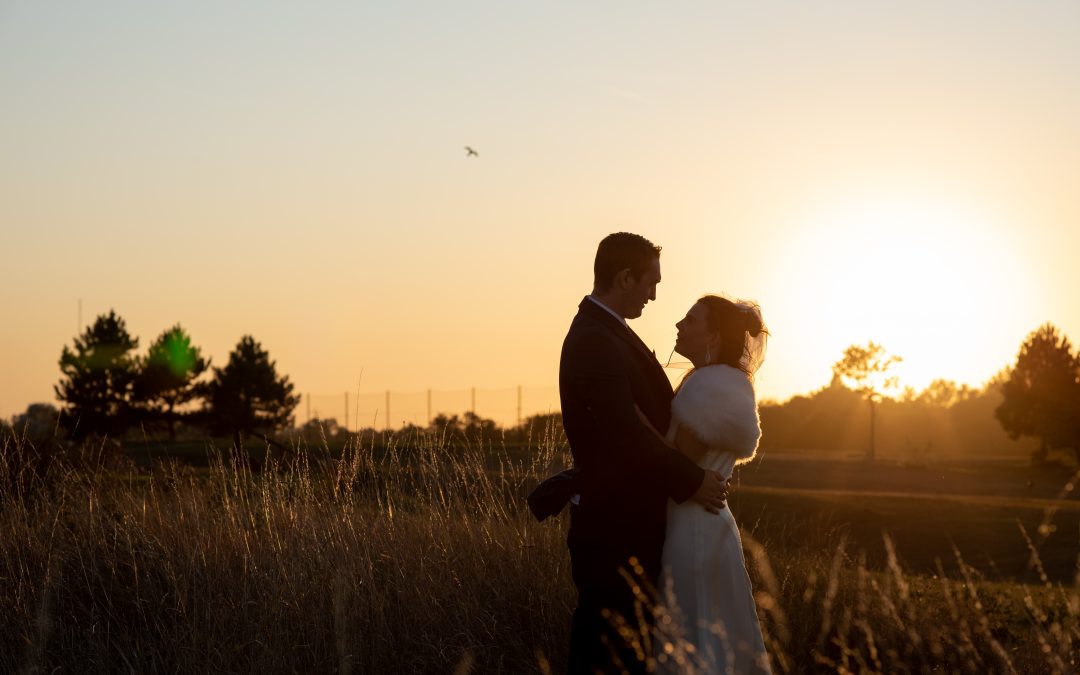 bride and groom twilight wedding