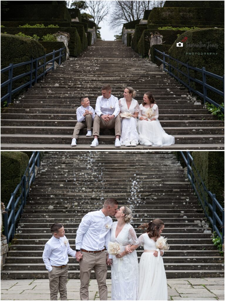 wedding couple sitting on steps at Port Lympne
