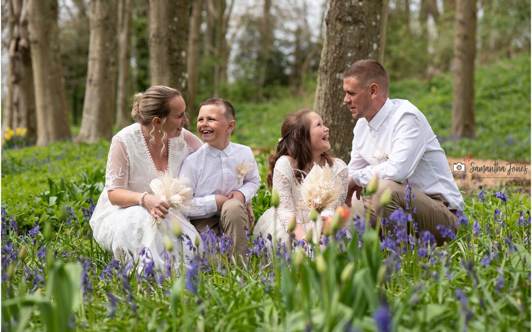 wedding couple in the bluebells at Port Lympne