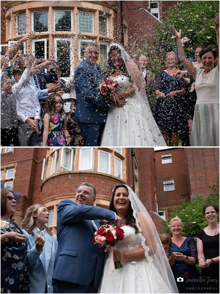 confetti with bride and groom