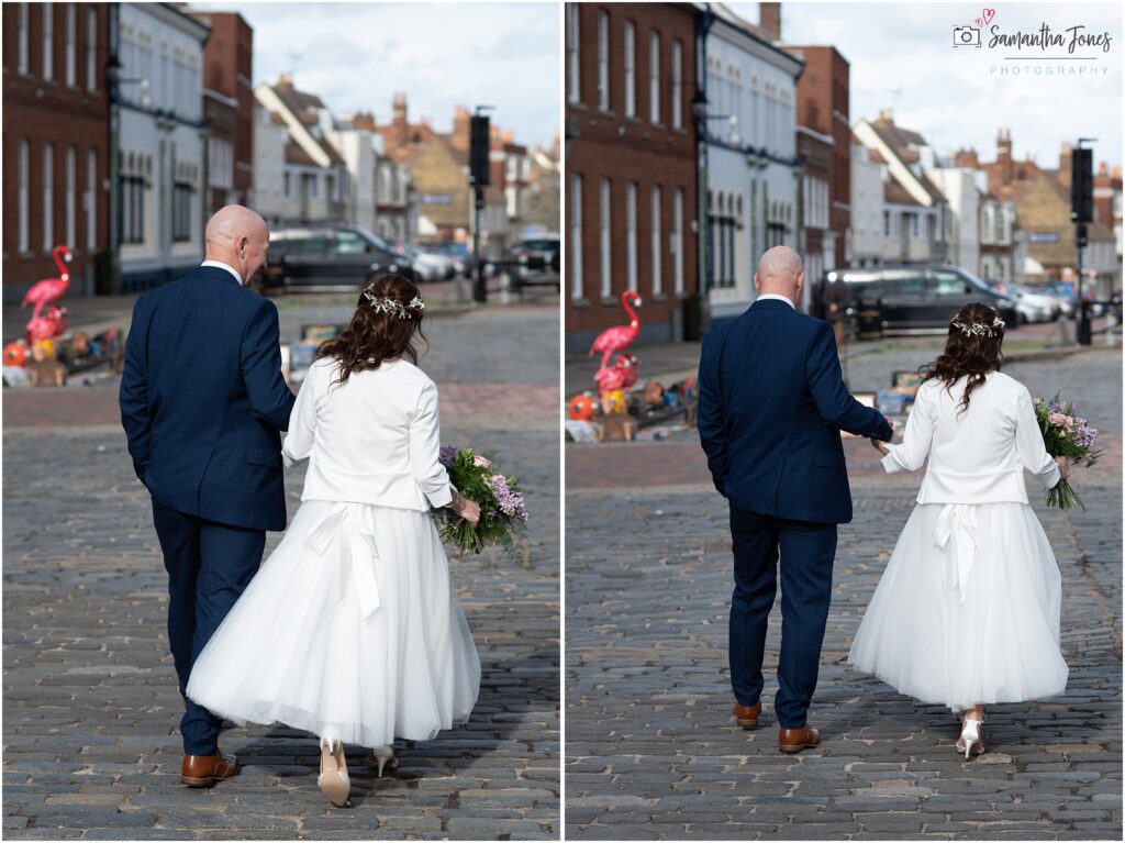 Bride and groom walking in Faversham